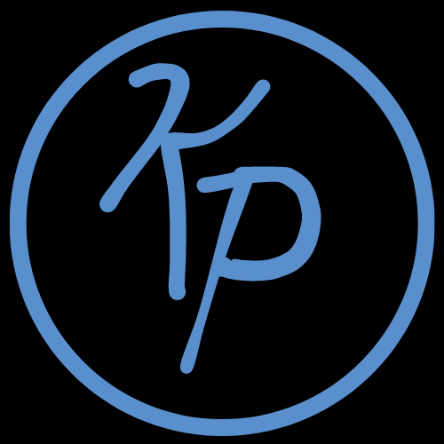 K P appears in teal on a black background in Katie Panciera's handwriting. The K is on the top left the P on the bottom right. The letters are surrounded by a teal circle